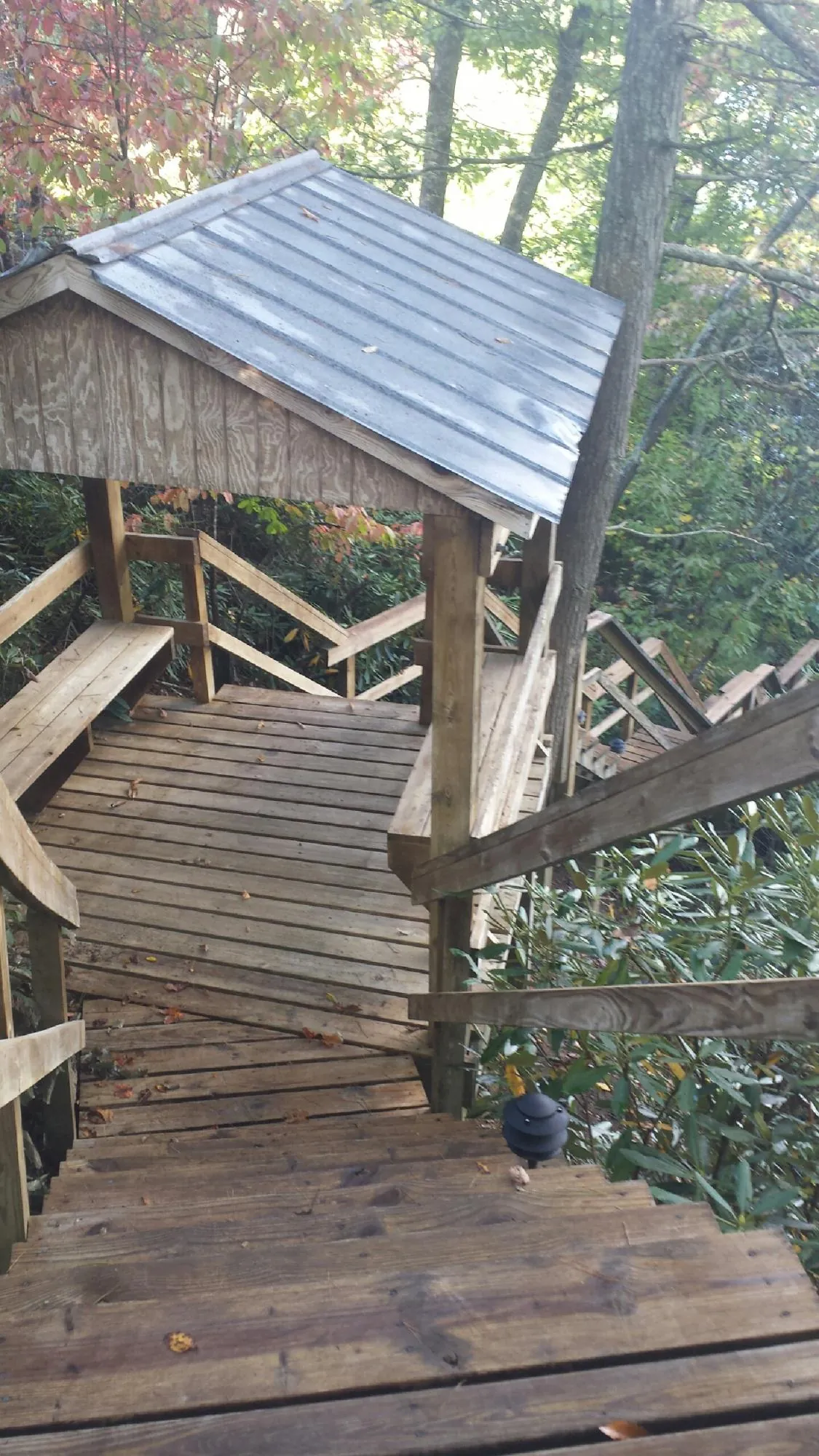 Metal roofed shelter over wooden steps on a wooded walkway — Skylight Repair & Installation work by our crew in Risingsun